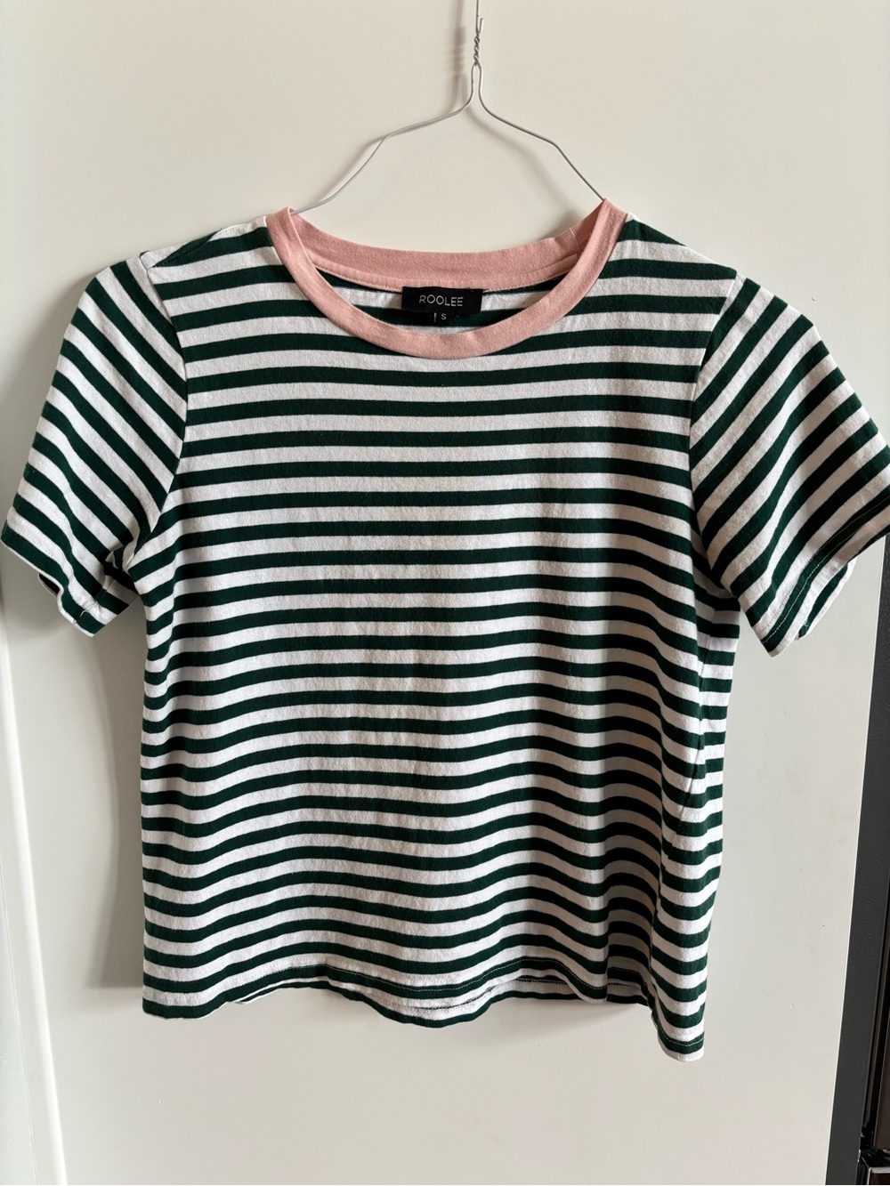 roolee cropped green, white, and pink striped shirt